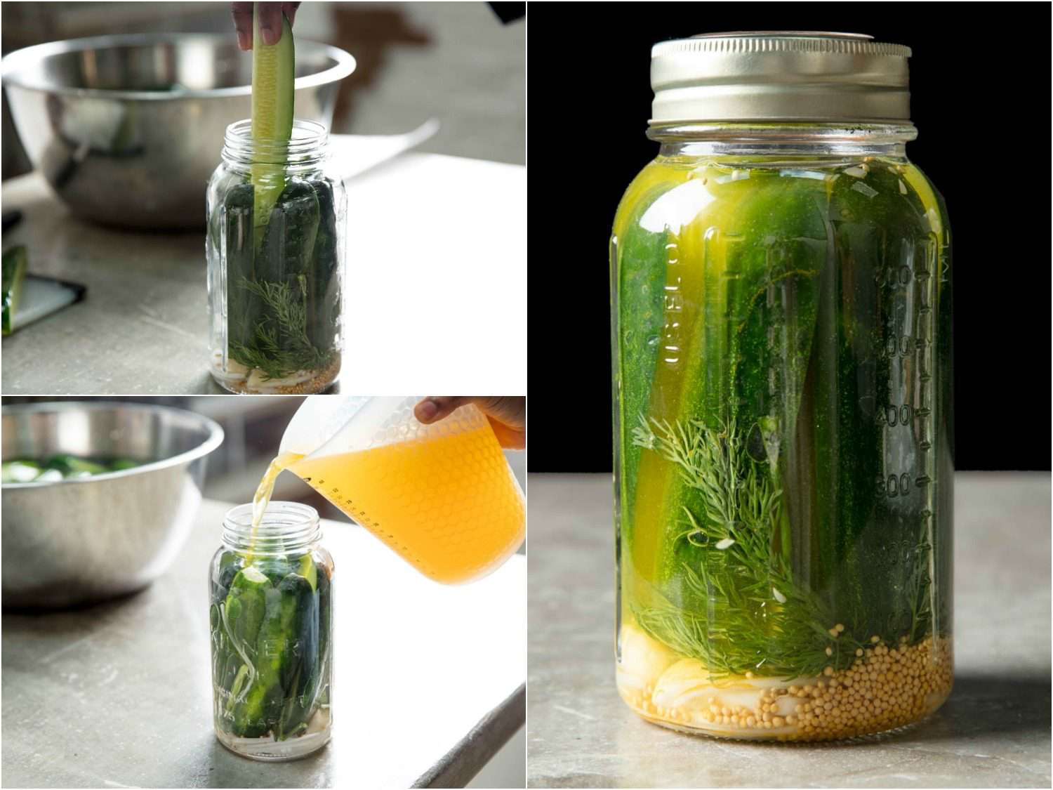Collage of three photos depicting packing cucumber spears into pickle jar. Counterclockwise from top left: Spear of cucumber being inserted into relatively full pickle jar; vinegar brine being poured into packed pickle jar; side view of sealed jar of cucumber spears in vinegar brine.