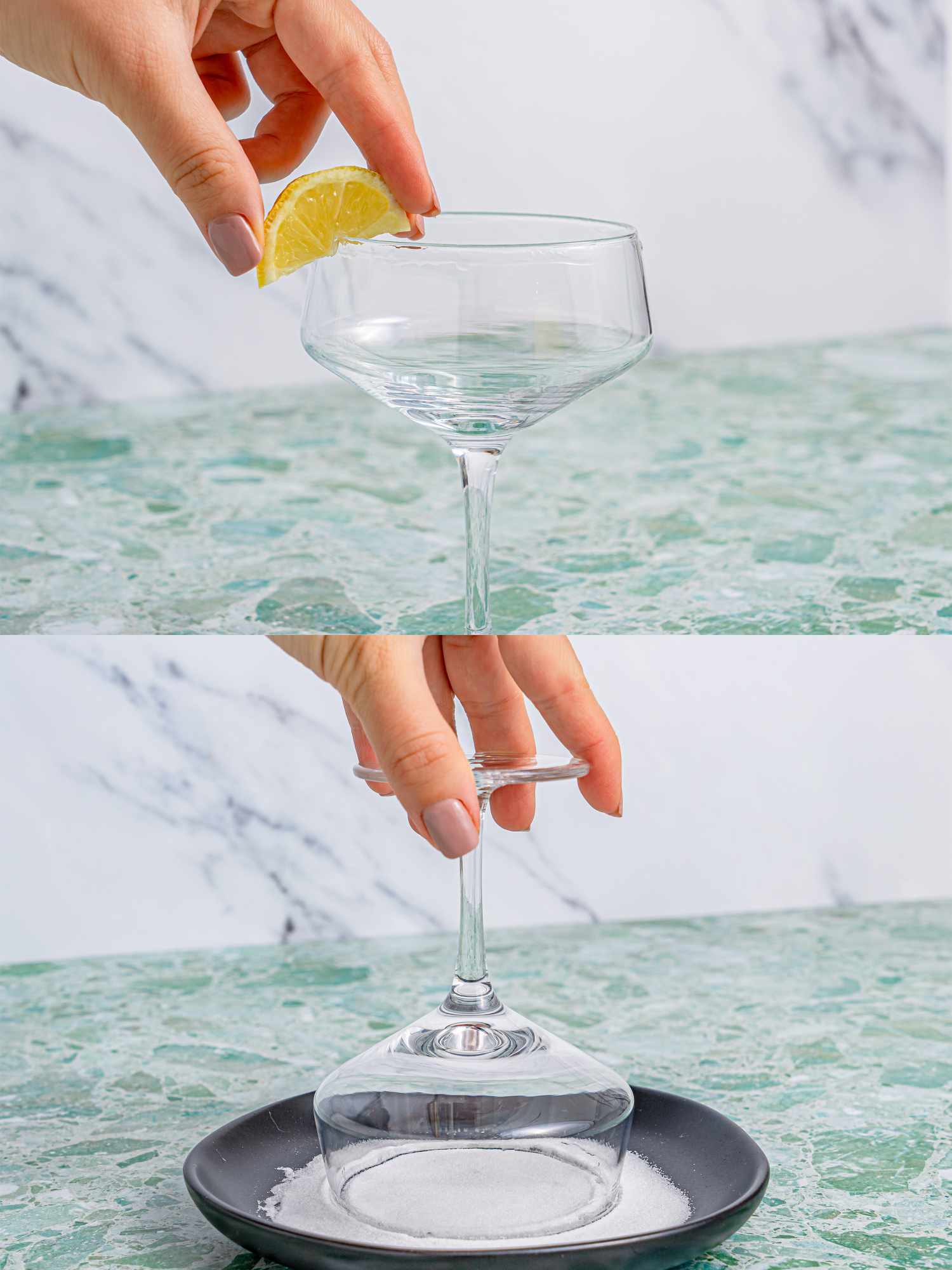 Two photos showing how to rim a glass with sugar. The first photo shows a hand running a lemon wedge along the rim of a stemmed glass. The second photo shows the rim of the glass in a shallow plate of sugar.