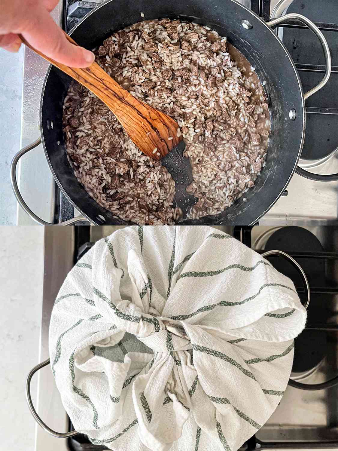 Hashweh mixture resting while covered loosely with a tea towel.