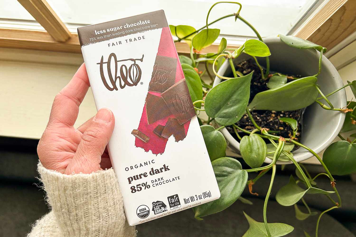 A person holding the Theo Pure Dark 85% Chocolate Bar over a potted plant