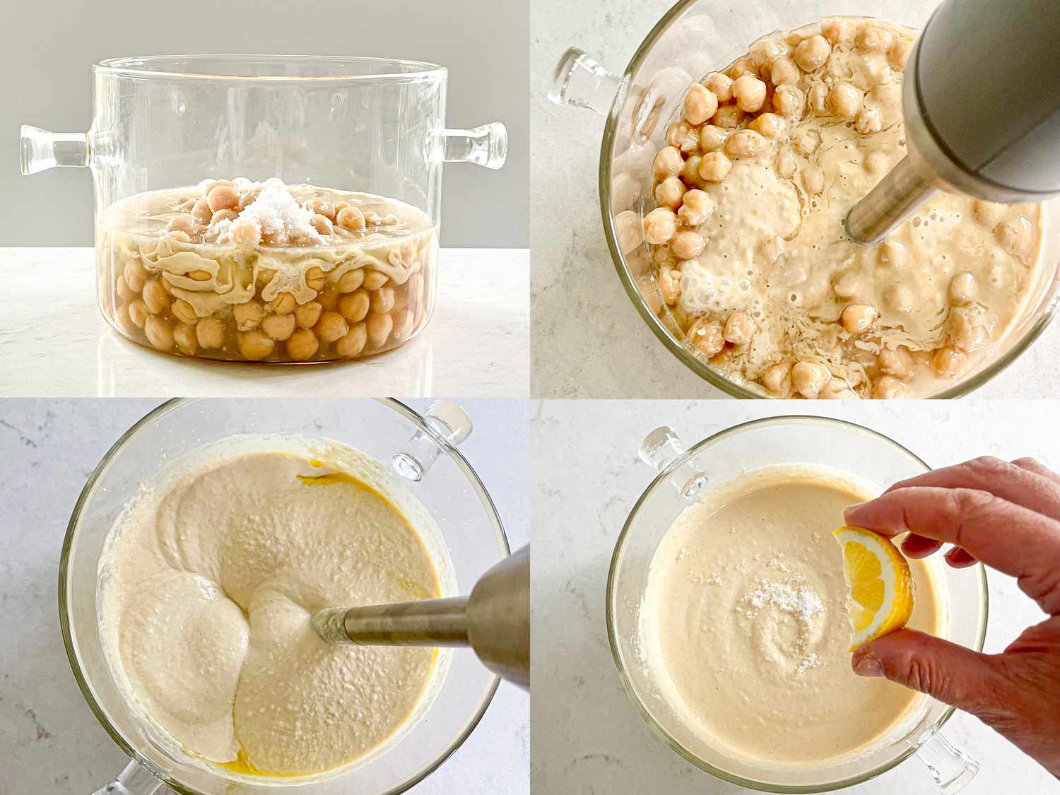 Four image collage of processing hummus