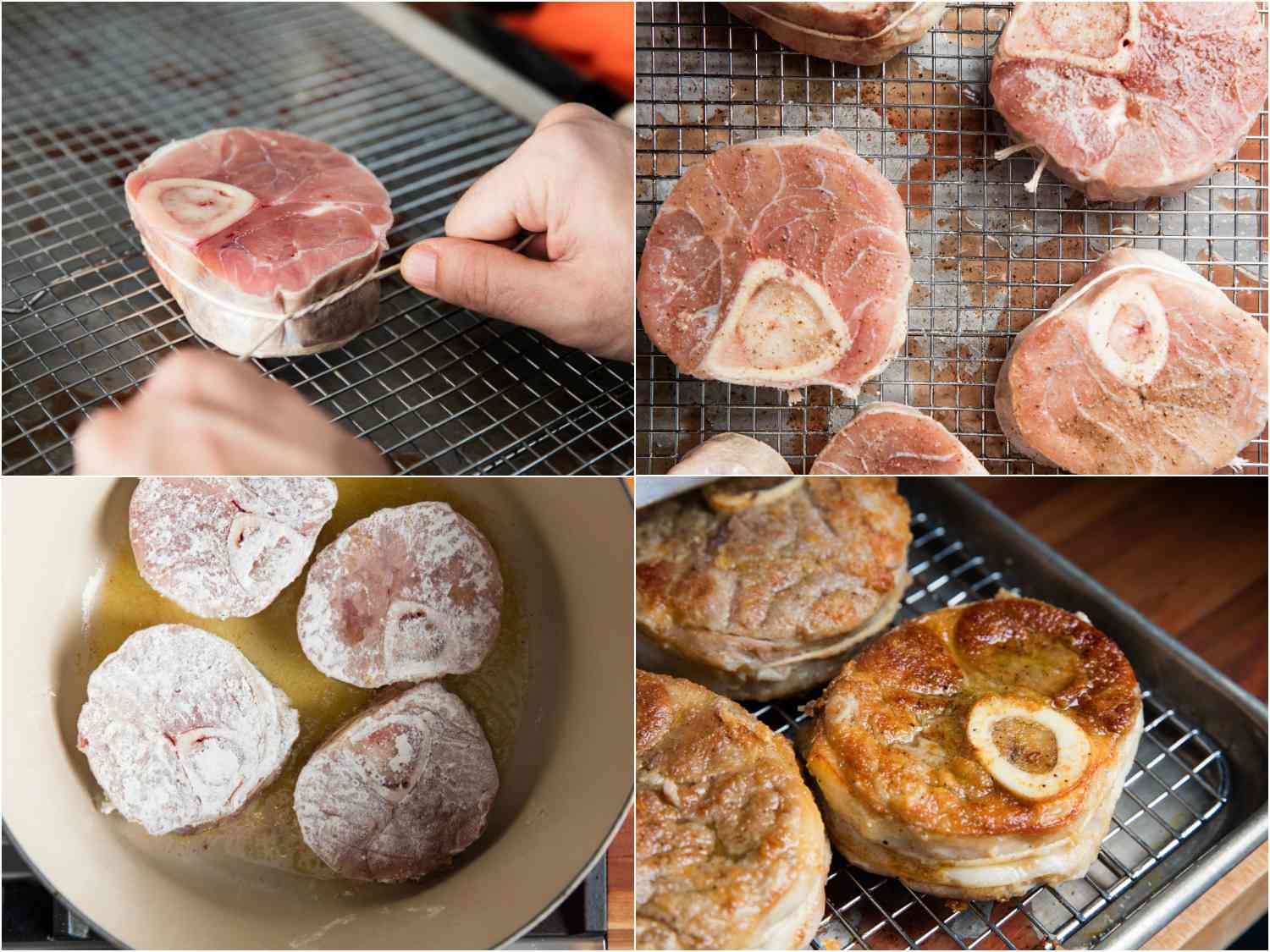 4-image photo collage showing how to tie and brown veal shanks for osso buco, shanks resting on a wire rack, browned in a Dutch oven and browned shanks resting on a wire rack in a rimmed baking sheet.