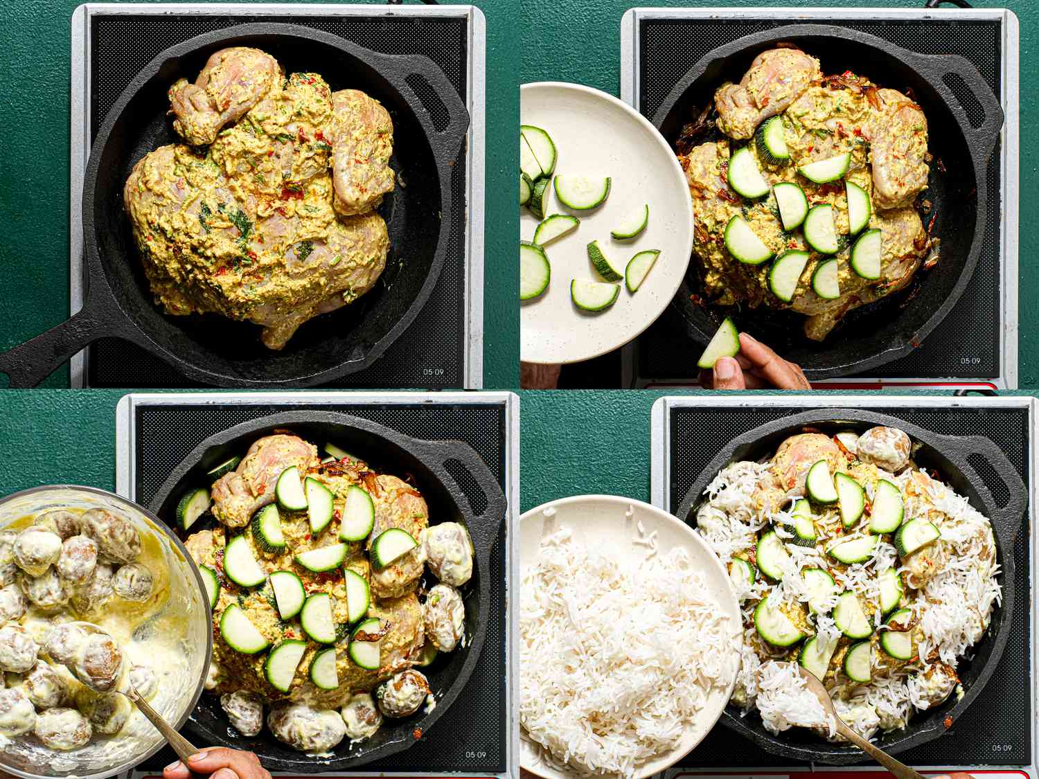 4 image collage of overhead view of assembling in pan