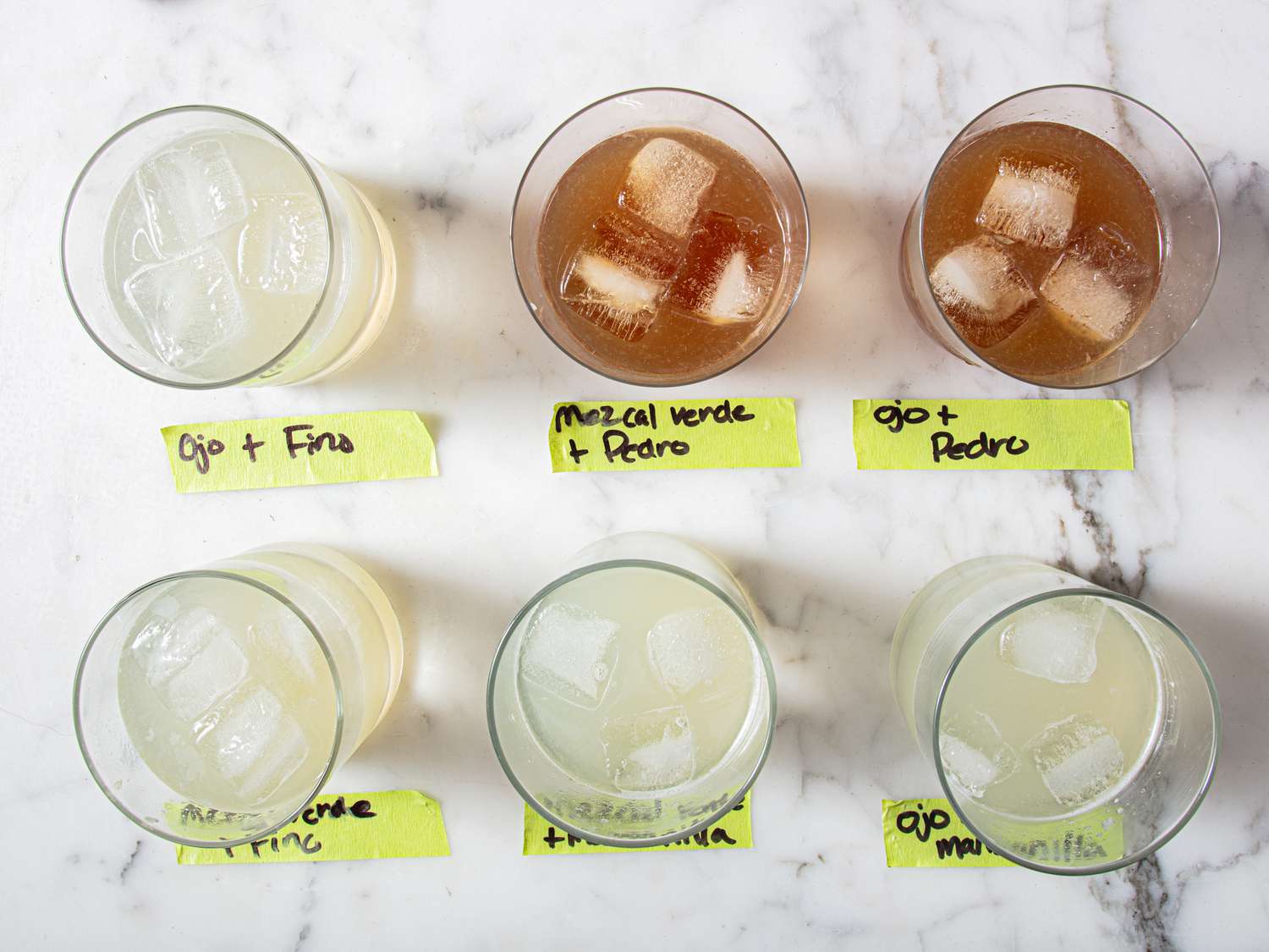 Six cocktail glasses presented in groups with labels beneath each indicating specific combinations of ingredients