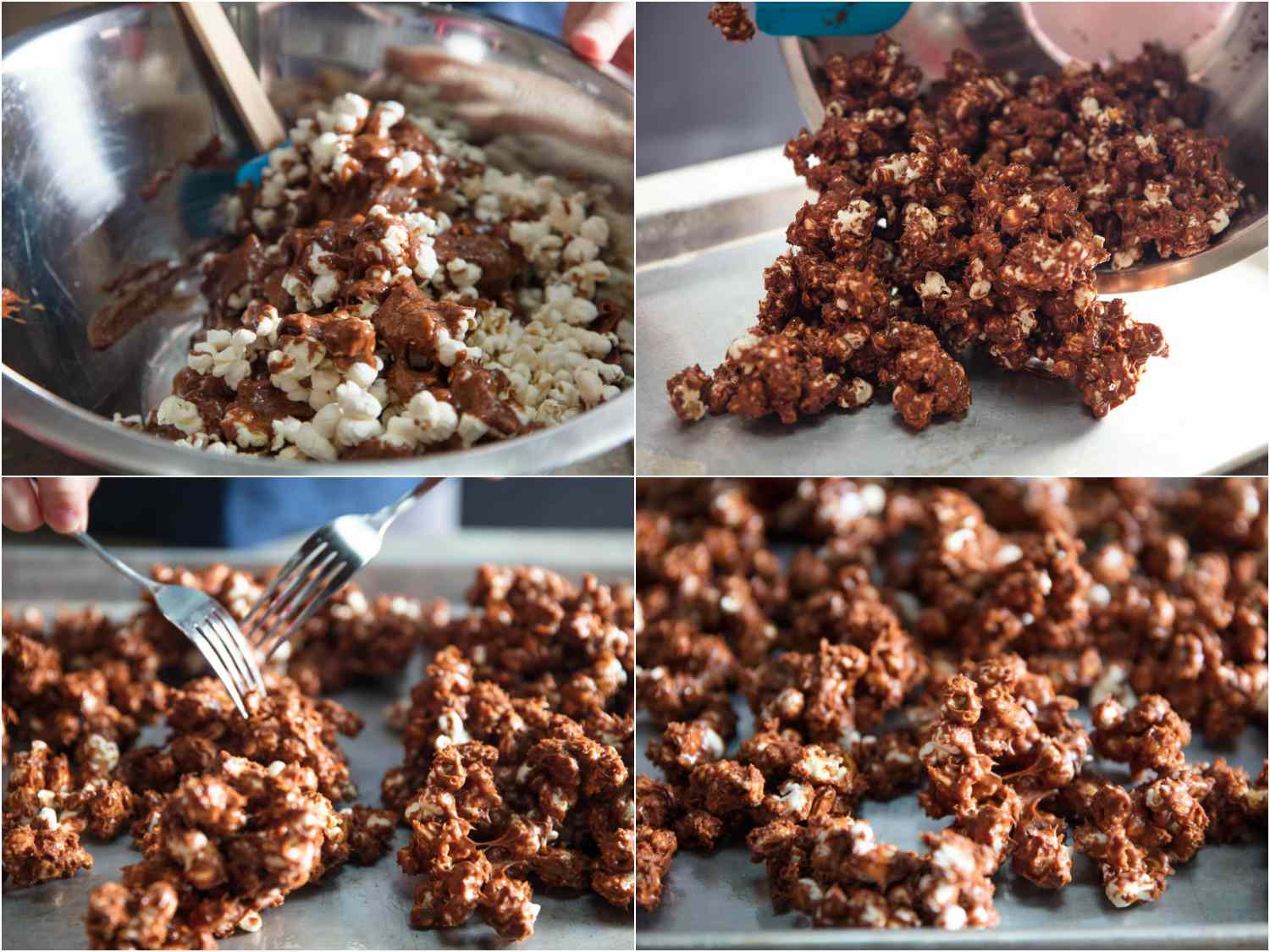 A four-image collage: The top left image shows the popcorn being tossed and coated with the chocolate-caramel mixture. The top right image shows the popcorn being transferred to a greased baking sheet. The bottom left image shows the popcorn torn apart into clusters with a pair of forks. The bottom right image shows the clustered popcorn on a baking sheet. 