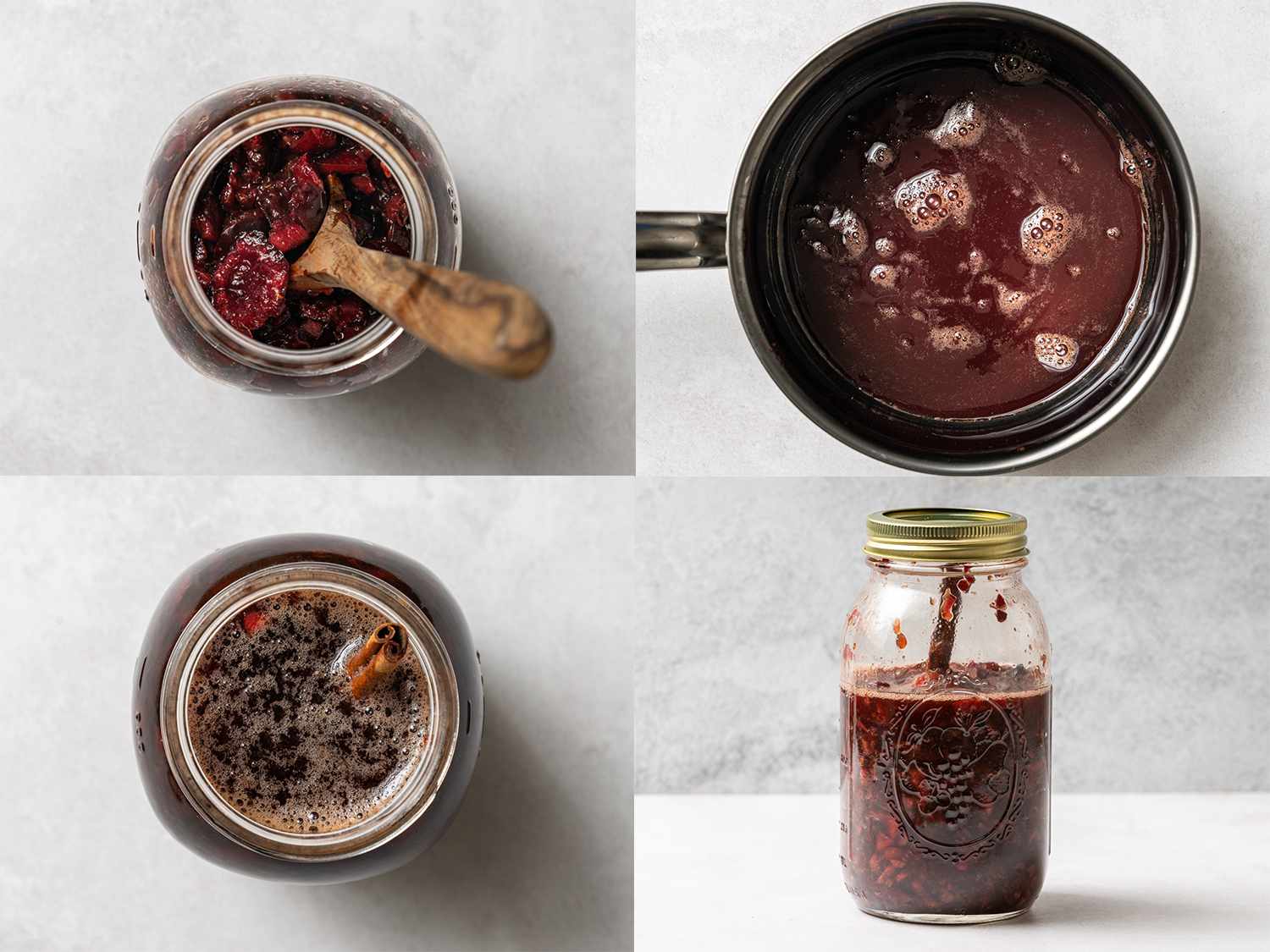 A four-image collage. The top left image shows the pitted cherries muddled at the bottom of a glass Mason jar. The top right image shows the cherry juice drained into a small stainless steel saucepan. The bottom left image shows a glass Mason jar holding the muddled cherries and brandy, vodka, and a cinnamon stick. The bottom right image shows the Mason jar, now sealed, holding the cloudy fruit and alcohol mixture.