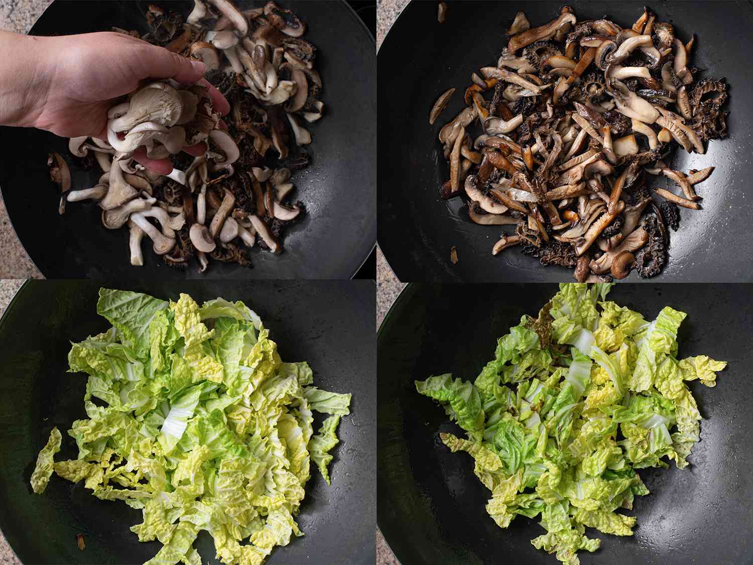 A four-image collage. The top left image shows the drained and fresh mushrooms being added to a wok. The top right image shows the mushrooms, now stir-fried together in the wok. The bottom left image shows sliced cabbage added to the wok. The bottom right image shows the cabbage now lightly stir-fried in the wok.