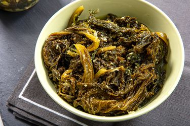 Overhead view of fermented Mustard Greens