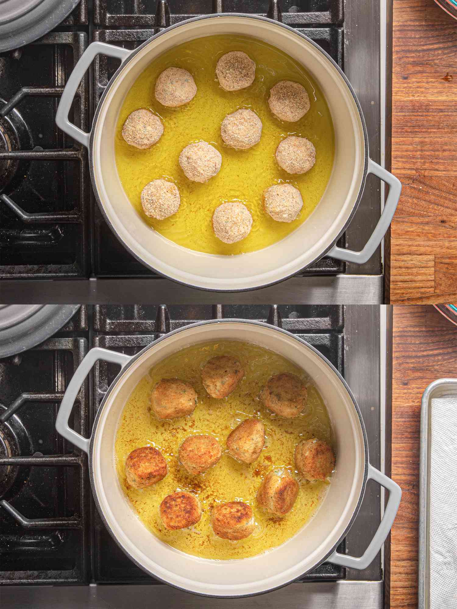 Two image collage of ricotta balls frying in oil