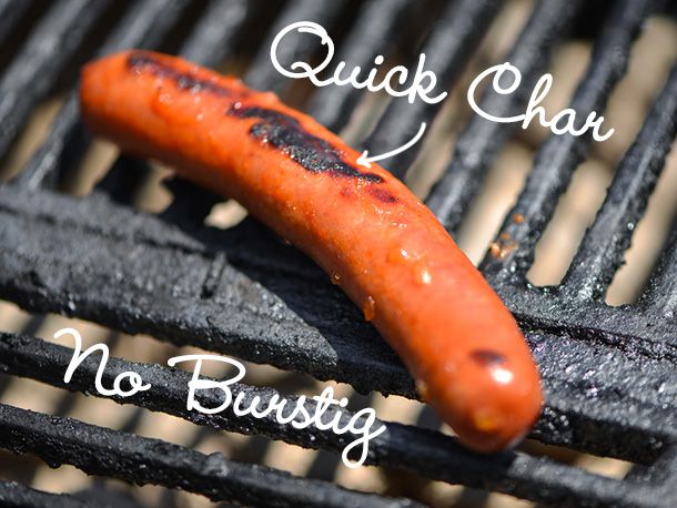 A charred natural-casing hotdog on the grill. A charred patch of skin is labeled "Quick Char" and "No Burstig" (sic) is superimposed on the grill grate.