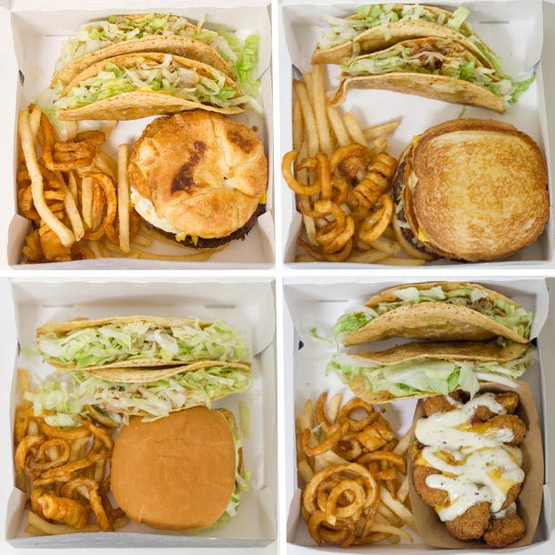 An overhead, four-image collage of Jack in the Box Munchie meals.