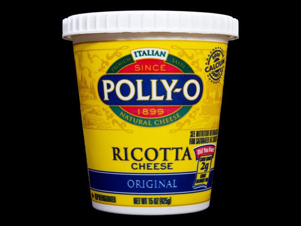 A tub of Polly-O ricotta cheese.