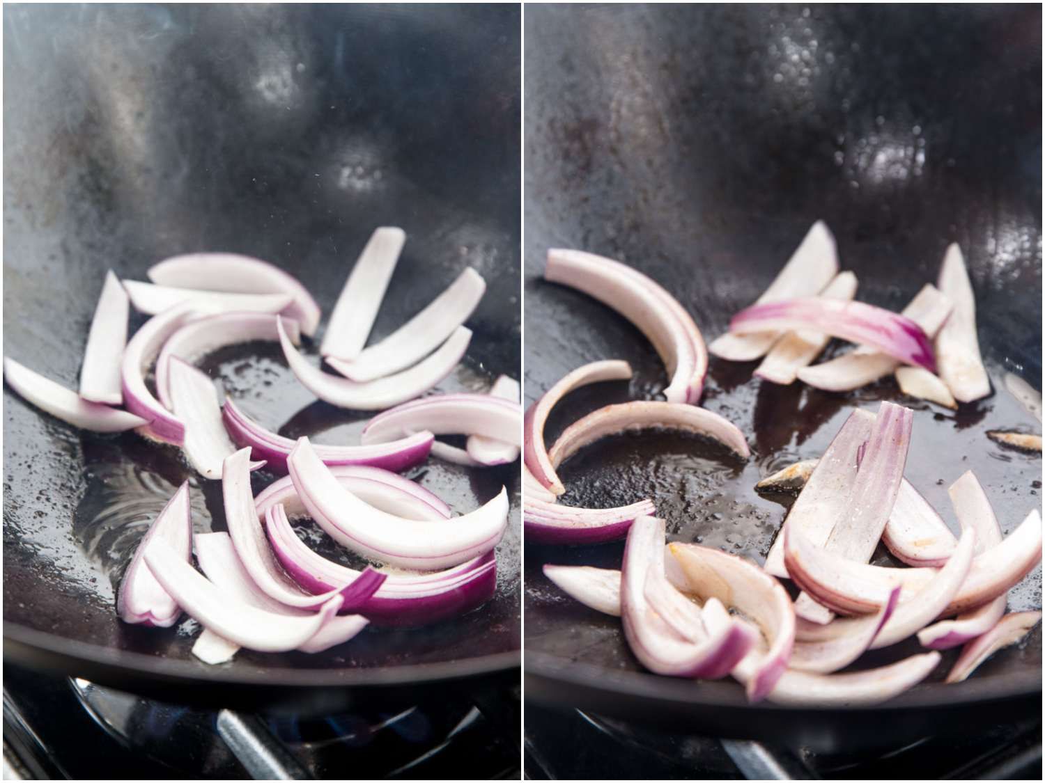 Composite of stir-frying sliced red onion in wok.