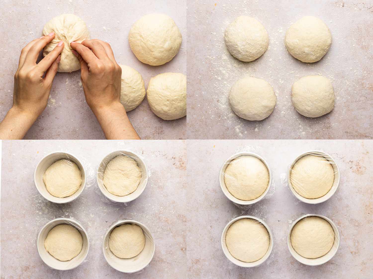 Pinching dough shut at bottom of the ball and dough placed into 4 separate bowls and covered tightly with plastic wrap