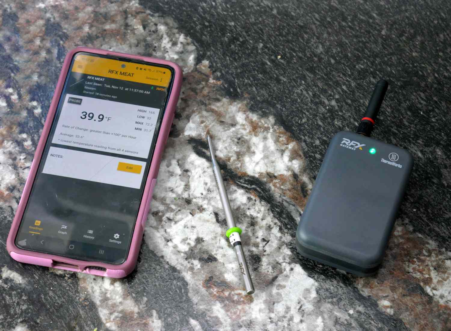 rfx gateway, probe, and app on phone on countertop