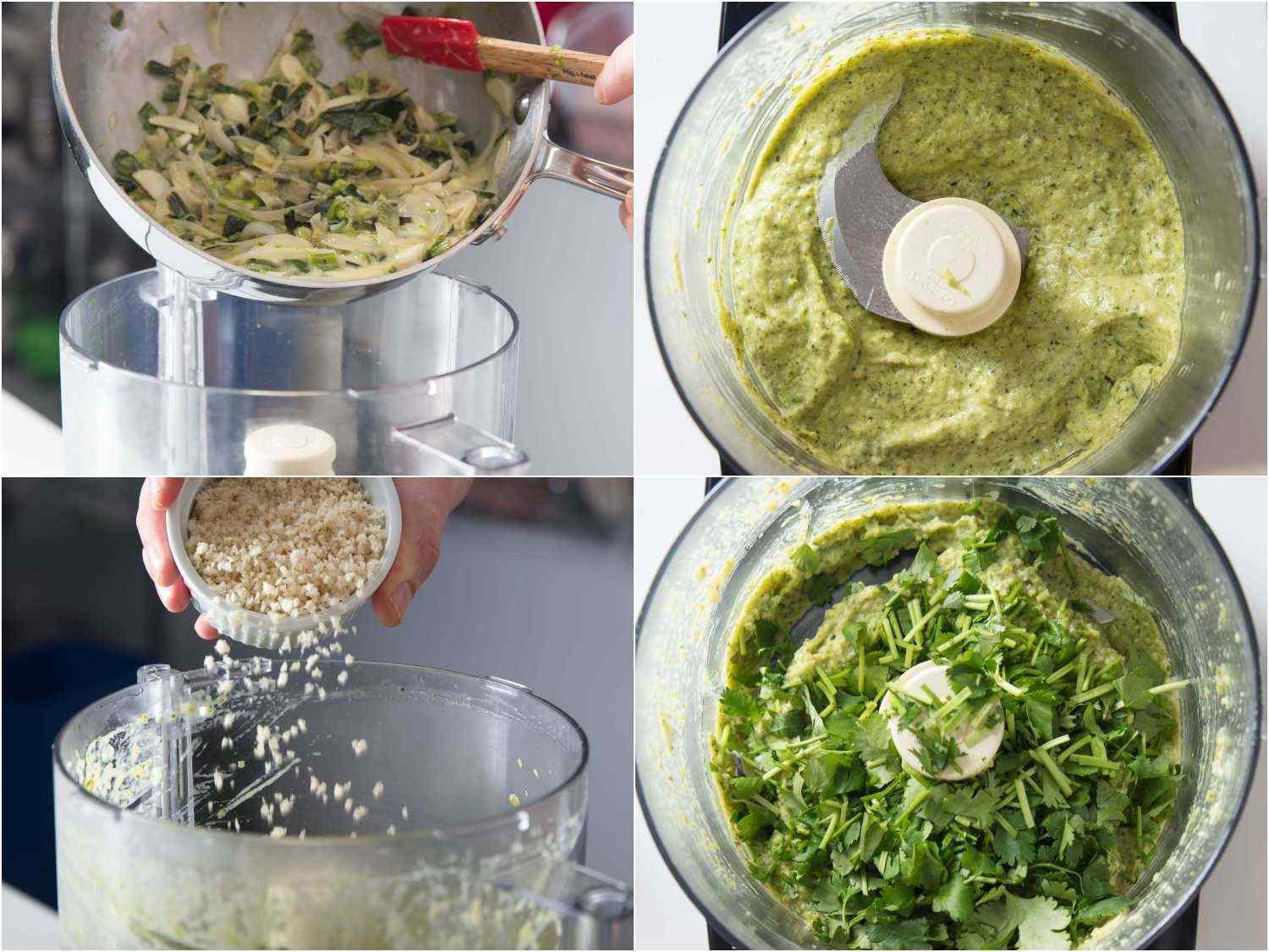 Stages of processing oysters Oaxacafeller topping. A four-image collage: The top left image shows adding the mixture to the food processor. The top right image shows the mixture after being blitzed. The bottom left image shows breadcrumbs being added to the mixture. The bottom right image shows cilantro being added to the mixture in the food processor. 