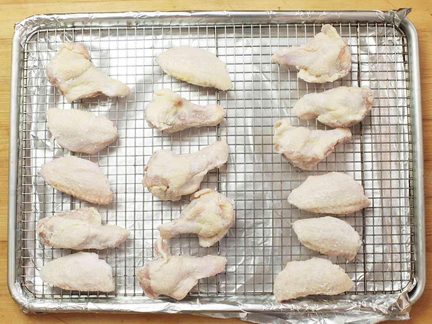 Air drying chicken wing pieces in the refrigerator overnight