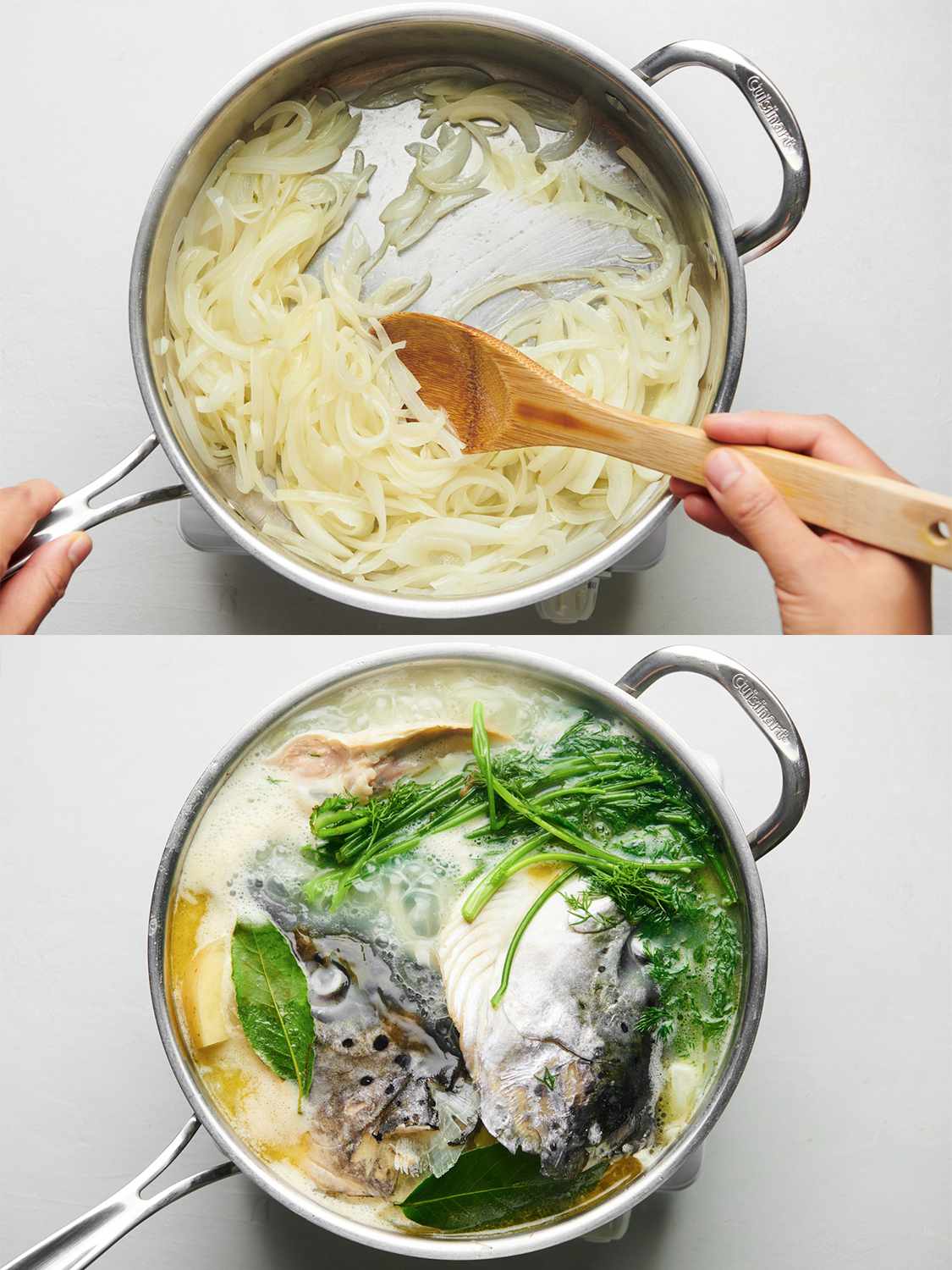 A two-image collage. The top image shows onions sautÃ©ed until softened but not browned inside a 3-quart sautÃ© pan. The bottom image shows water added to the sautÃ© pan along with salmon, onions, potatoes, and herbs.
