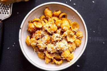 Top down view of a bowl of pasta with butternut squash and sage brown butter. 