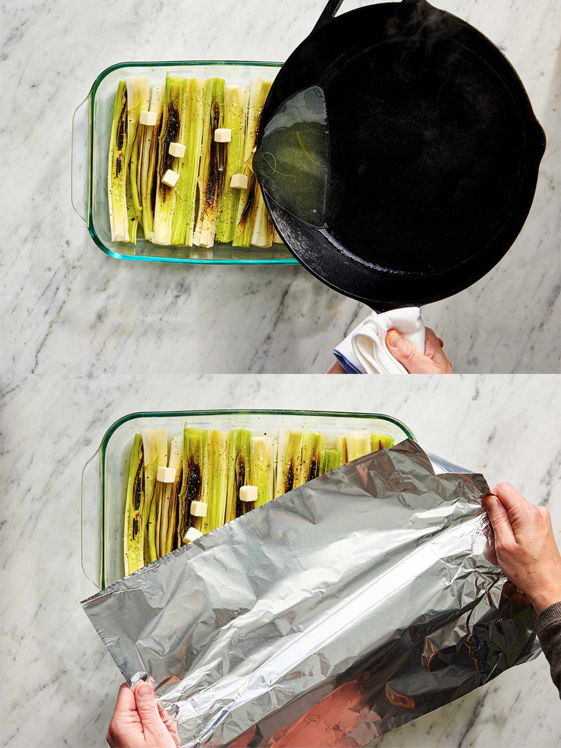 Two Image Vertical collage of braising liquid being poured from cast iron skillet onto leeks and leeks then being covered with aluminum foil