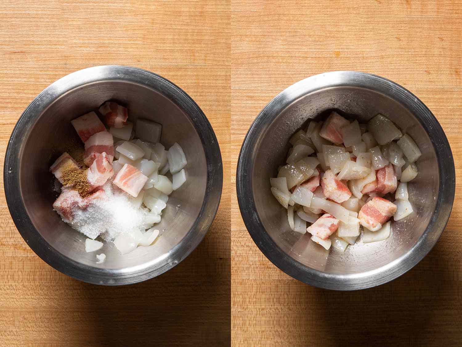 Two image collage. First photo is a metal bowl with squid, pork, and seasonings, unmixed. Second photo is bowl with all ingredients mixed