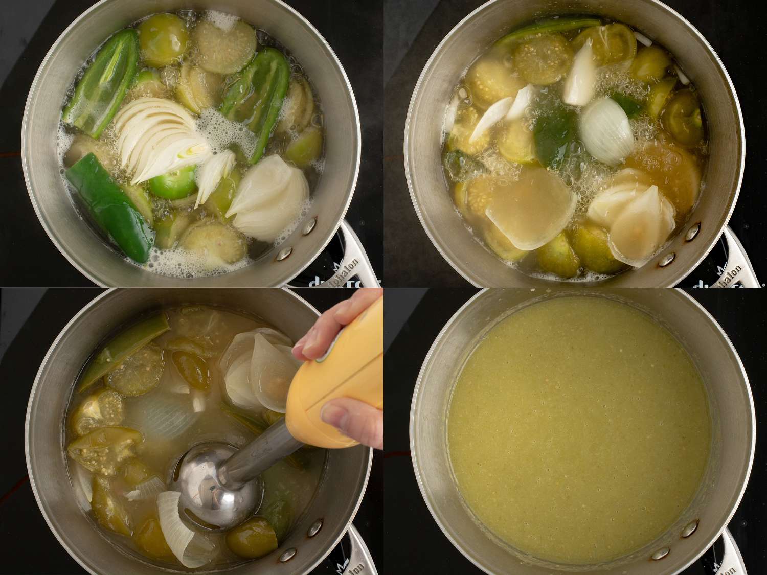 Vegetables cooking in pork liquid, then blended with an immersion blender.