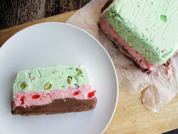 Overhead view of a spumoni ice cream terrine, flanked by plated slap of the dessert. 