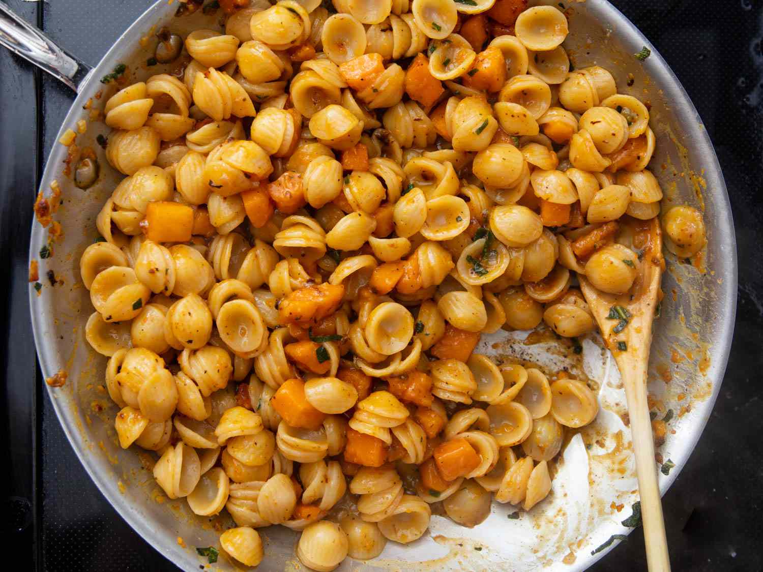 Overhead view of just finished butternut squash pasta.