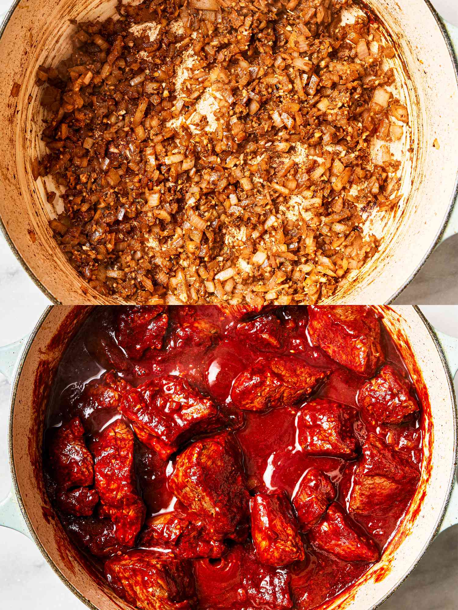 Two image collage of onions frying in a Dutch oven and meat and liquid added to Dutch oven.