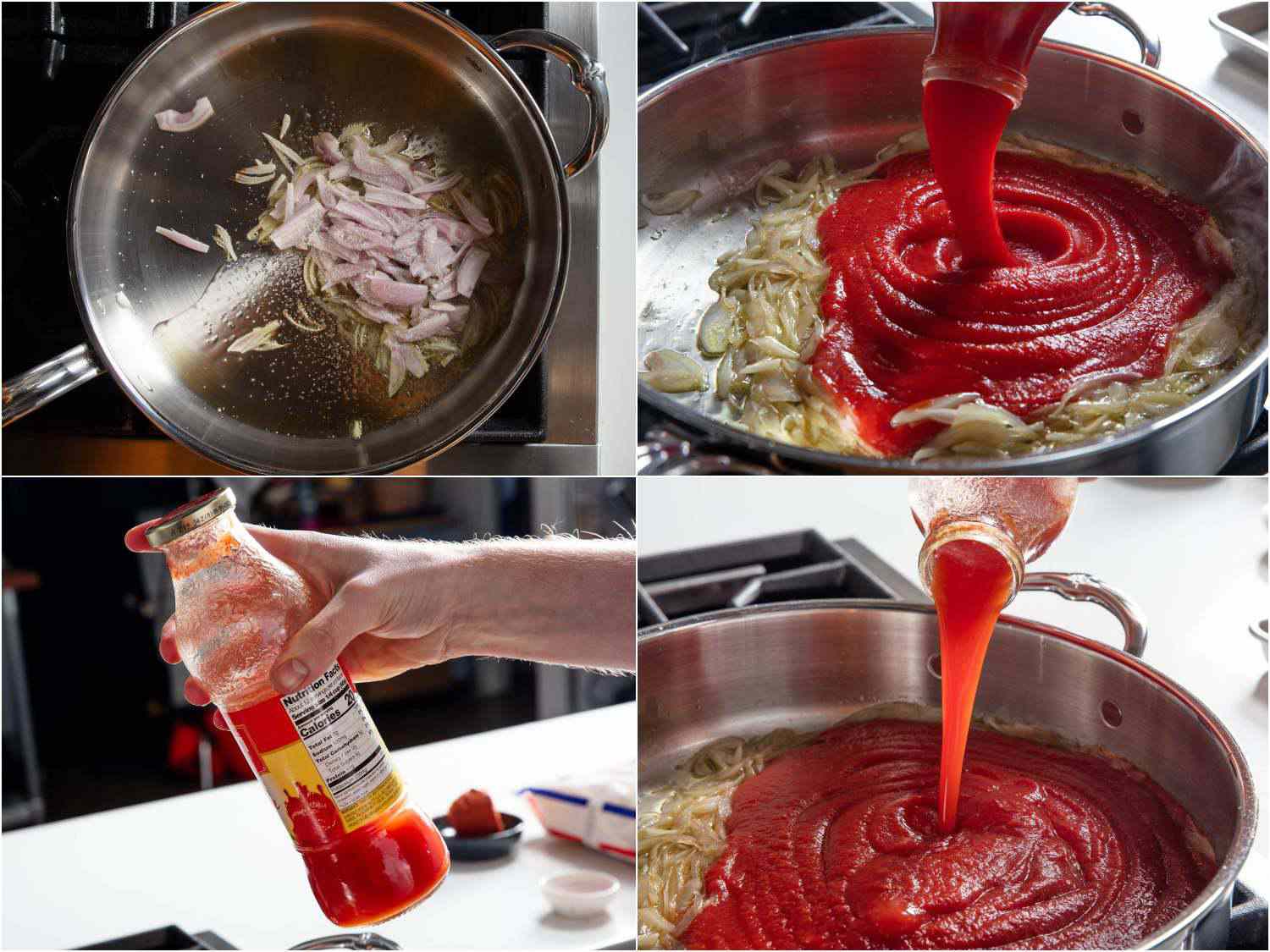 Collage of shallots frying, a bottle of passata being poured into the shallots, water is added to the bottle to use up all the sauce and the diluted mixture is added to the pan. 