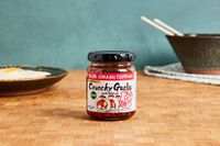 S&B Chili Oil with Crunchy Garlic, 3.9 Ounce on table