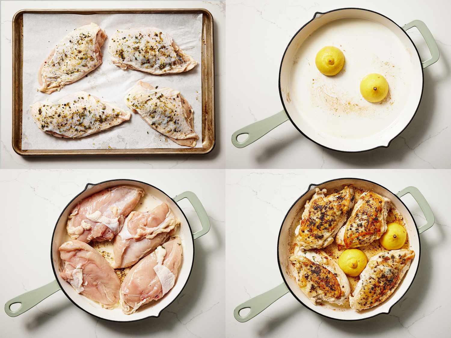4 image collage. Top Left:4 chicken breasts on a parchment paper lined sheetpan . Top right: Lemons in a skillet. Bottom Right: Chicken in a skillet skin-side down. Lemons and chickens in skillet together 