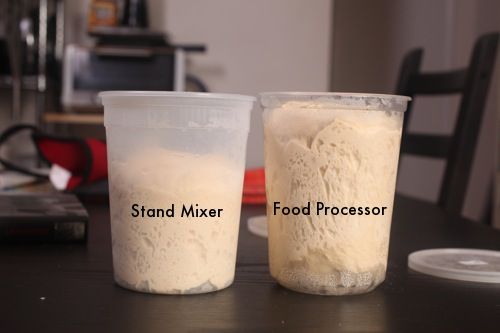 Two batches of New York-style pizza dough in deli containers after rising: barely-kneaded in a stand mixer, which barely rose, (left) and dough kneaded in the food processor, which nearly came out of deli container (right).