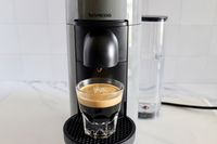 A cup of espresso on a Nespresso VertuoPlus Coffee and Espresso Machine by De'Longhi