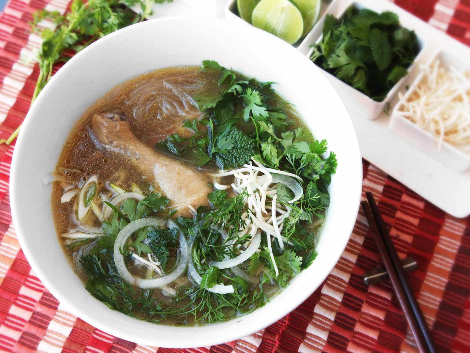 Overhead view of bowl of chicken pho.