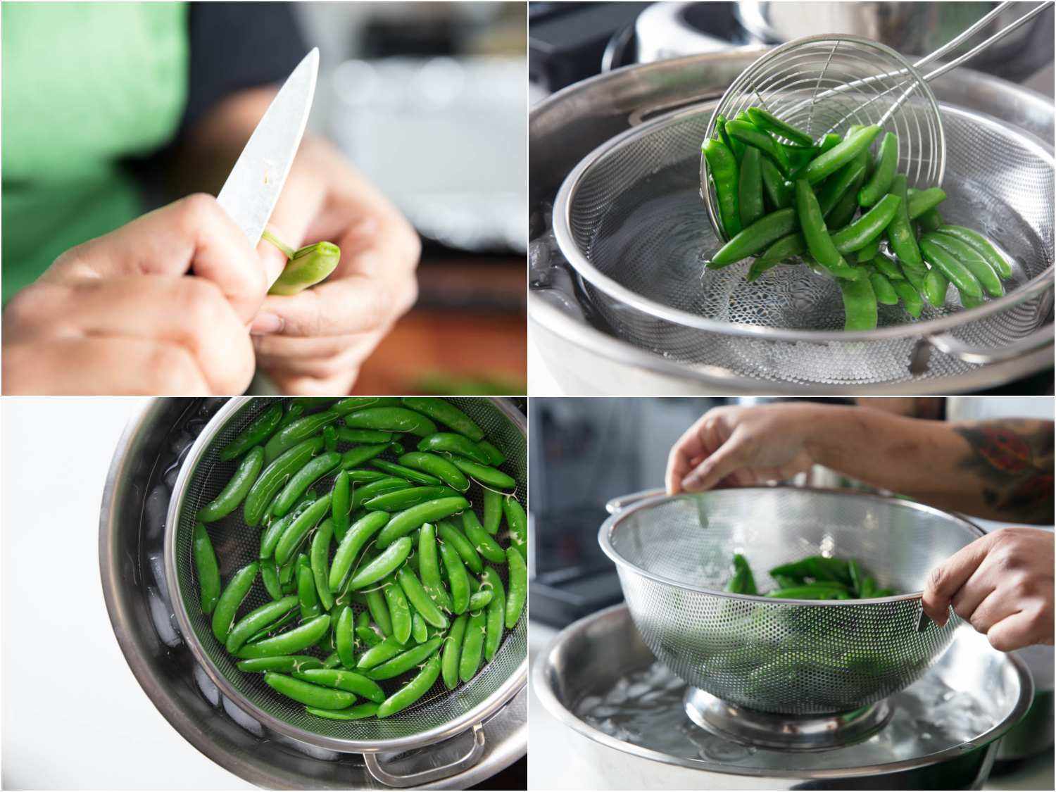 Cleaning, blanching, and shocking sugar snap peas