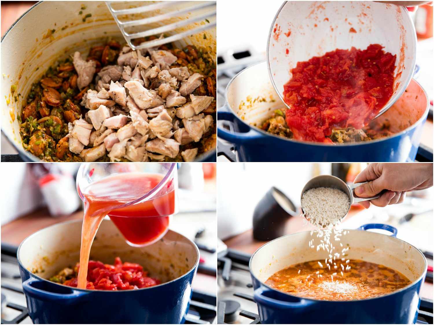 A 4-image collage of chicken, tomatoes, liquid, and rice being added to the Dutch oven.