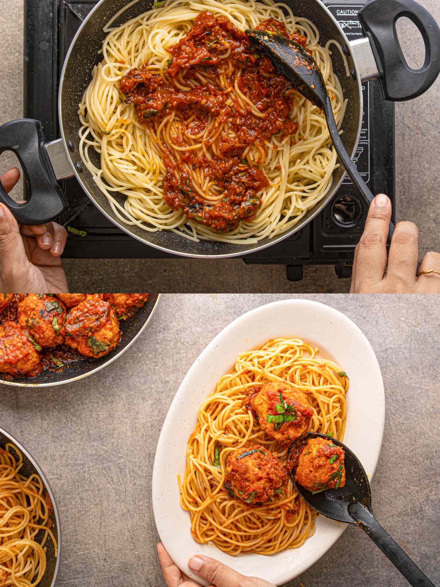 Cooking demonstration of pasta with spaghetti and meatballs in marinara sauce served in a plate