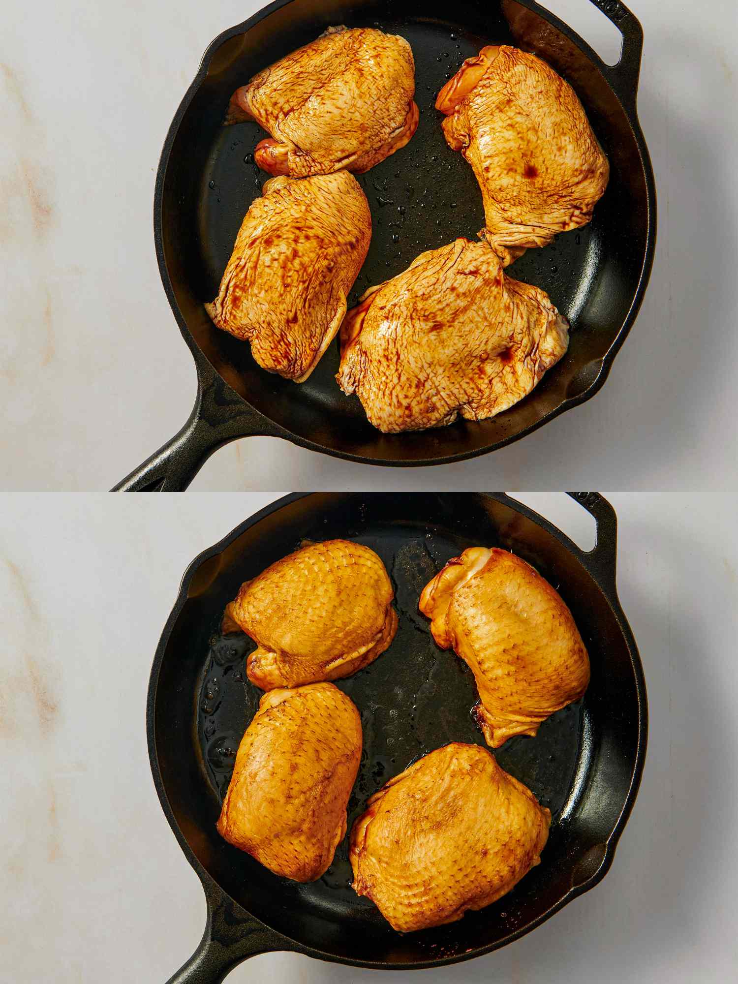 Two steps of roasting chicken pieces in a skillet showing before and after browning