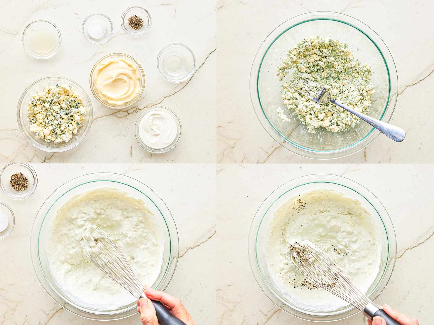 Four image collage of blue cheese dip