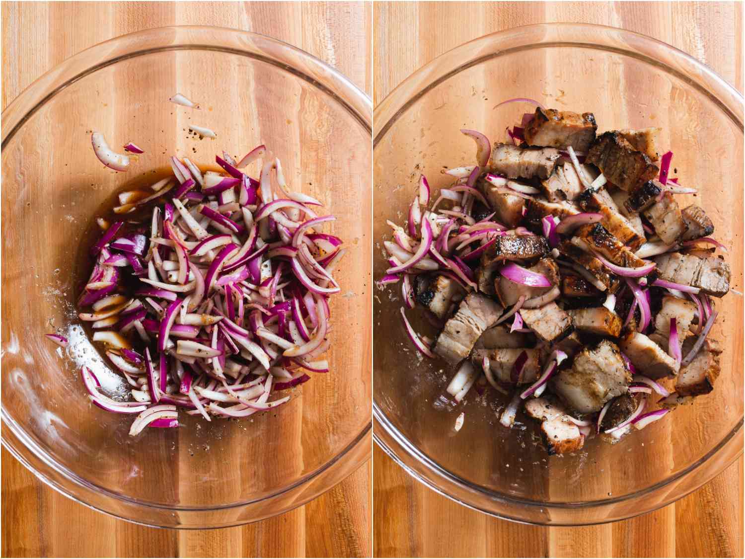 combining dressing and pork belly