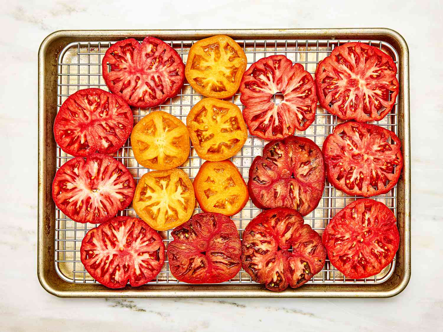 Overhead view of salted tomatoes