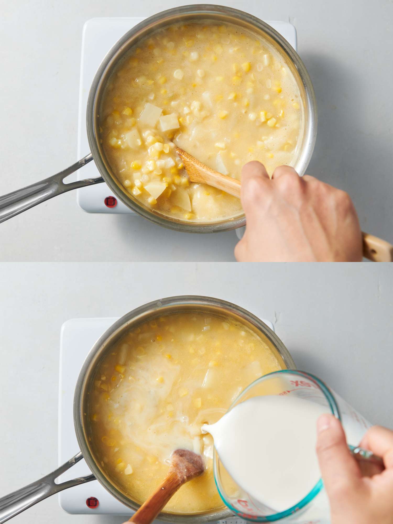 Potatoes simmering with ingredients inside 3-quart saucepan, and Half and half stirred into soup 