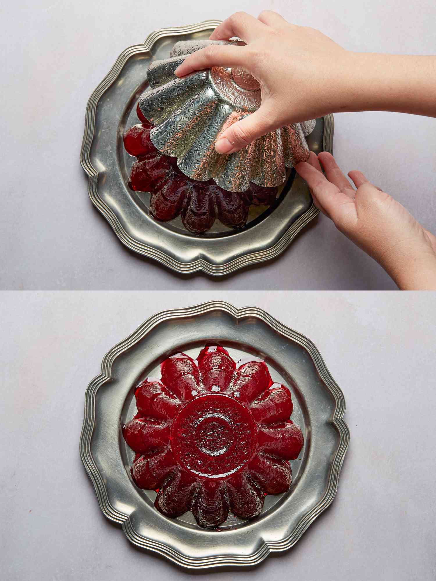 2 image collage. Top: hand inverting mold onto plate, with cranberry sauce releasing onto silver plate. Bottom: Jellied Cranberry sauce on silver platter on a grey surface