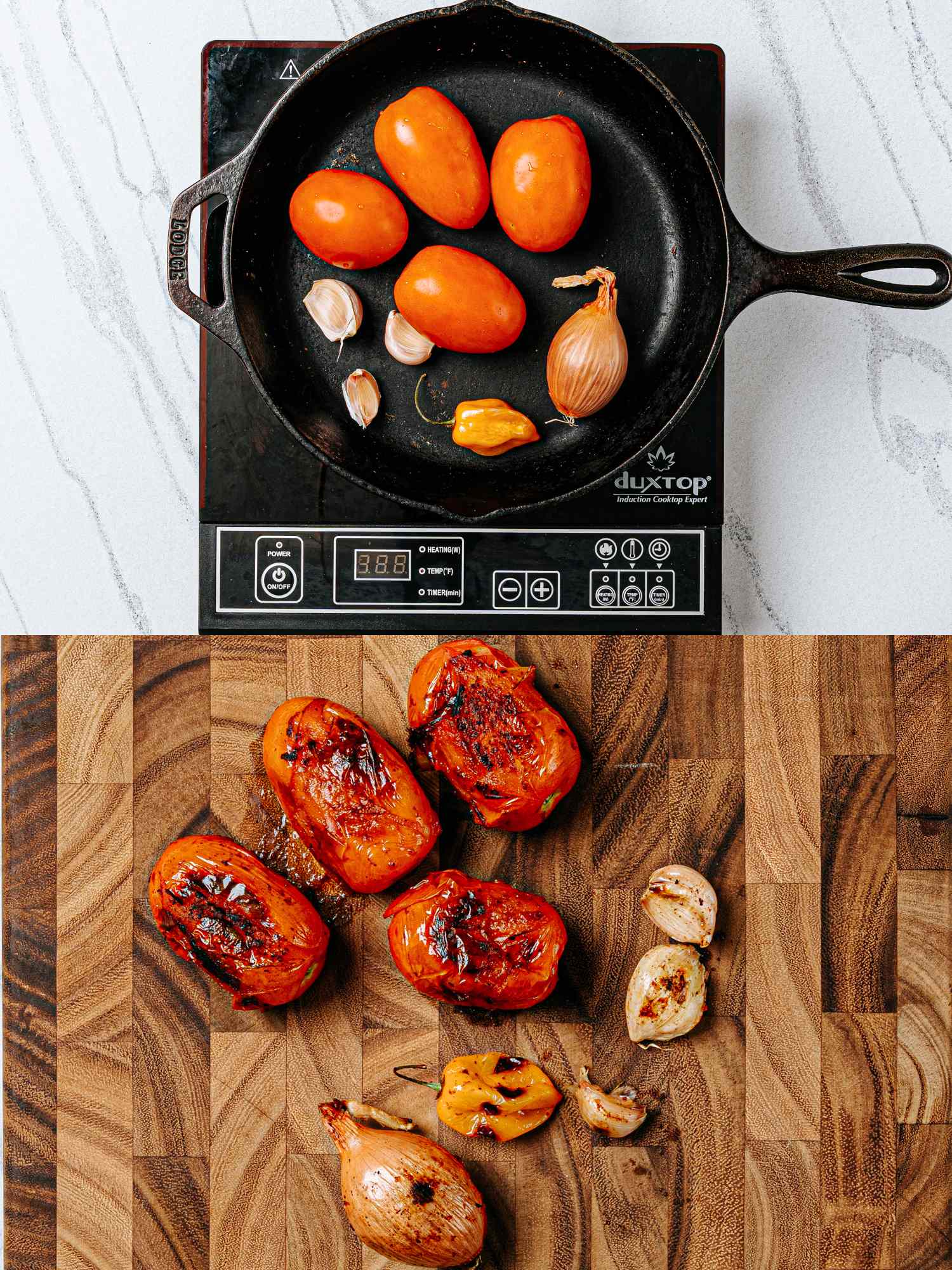 Cooking process showing tomatoes garlic and peppers being roasted in a skillet followed by the roasted ingredients on a wooden surface