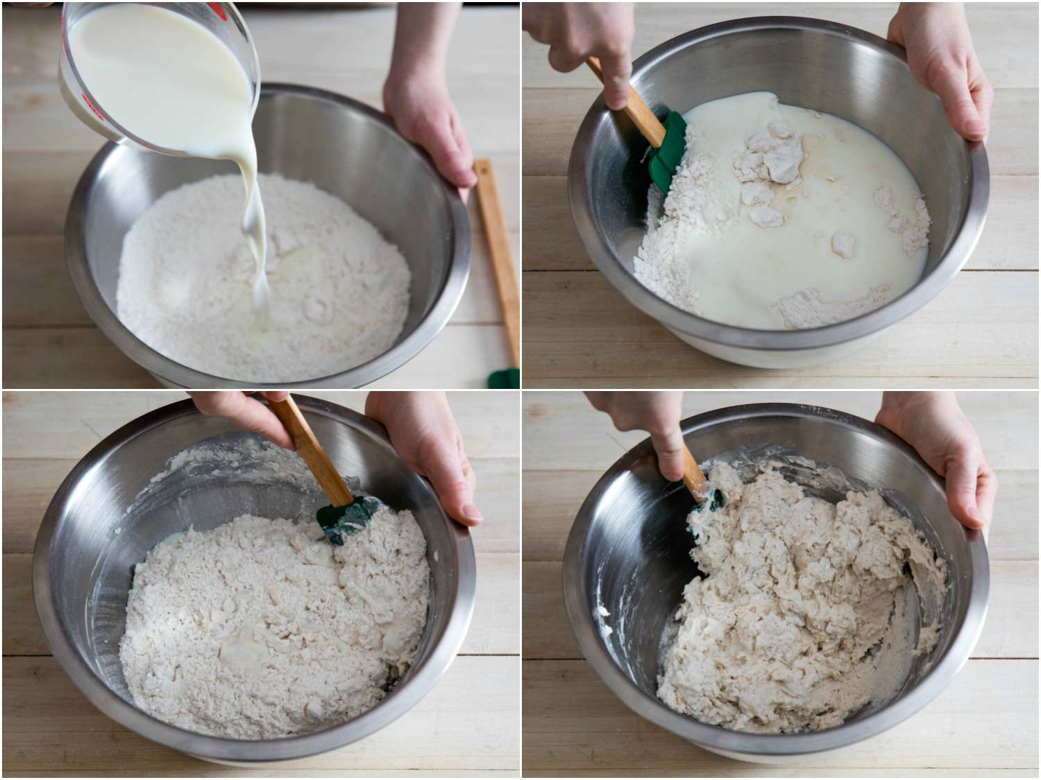 Collage of adding buttermilk and mixing into dry ingredients to form shaggy dough in stages.
