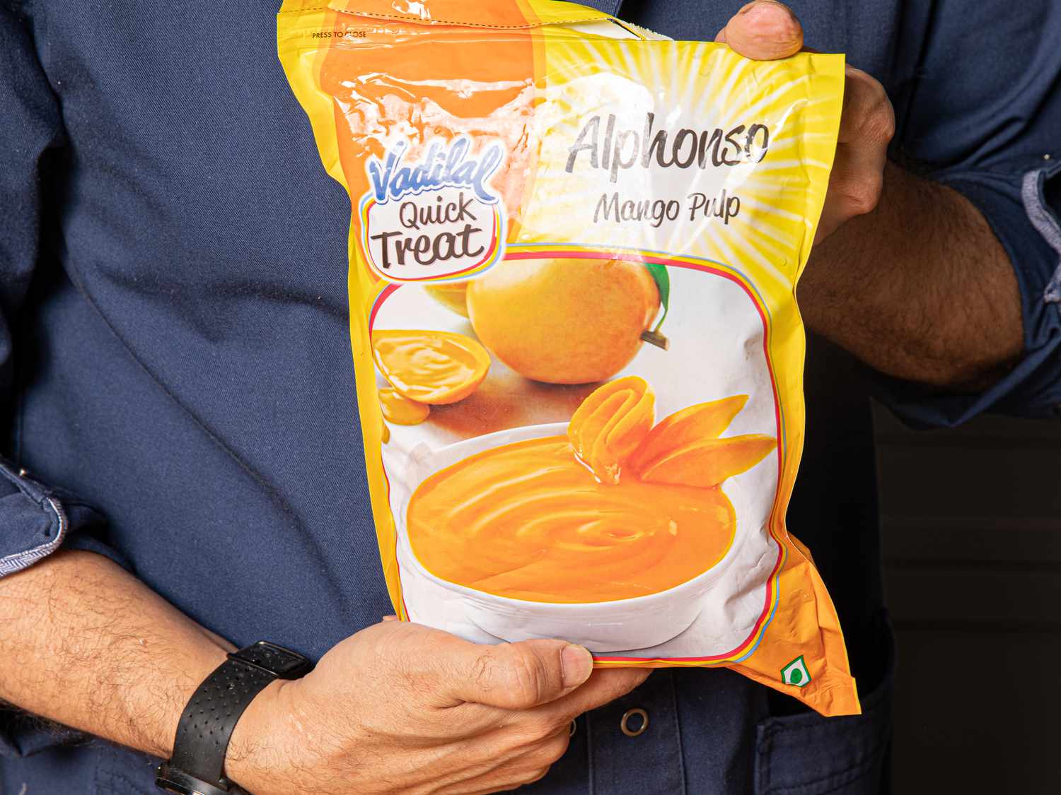 A package of Vadilal brand frozen Alphonso mango pulp, shown for reference