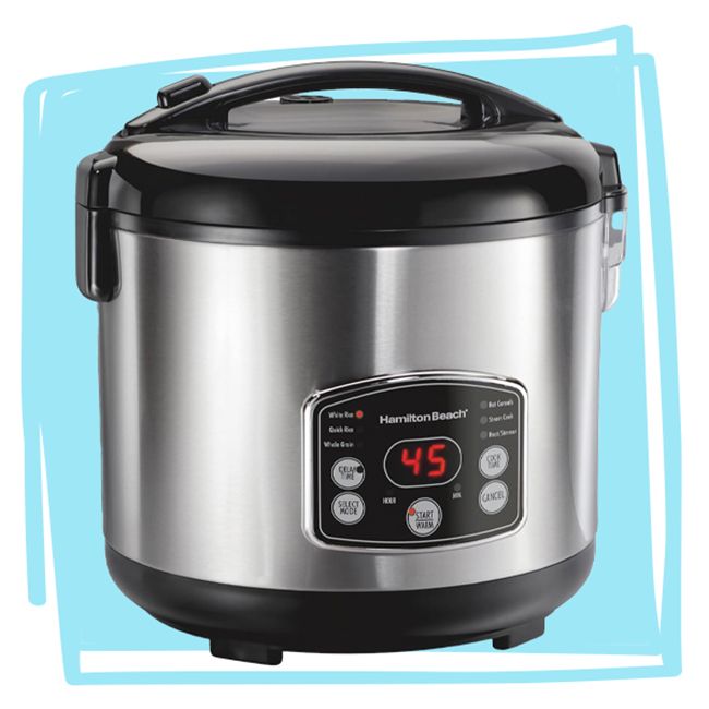 Hamilton Beach rice cooker with digital display showing 45 on the timer stainless steel design with black accents