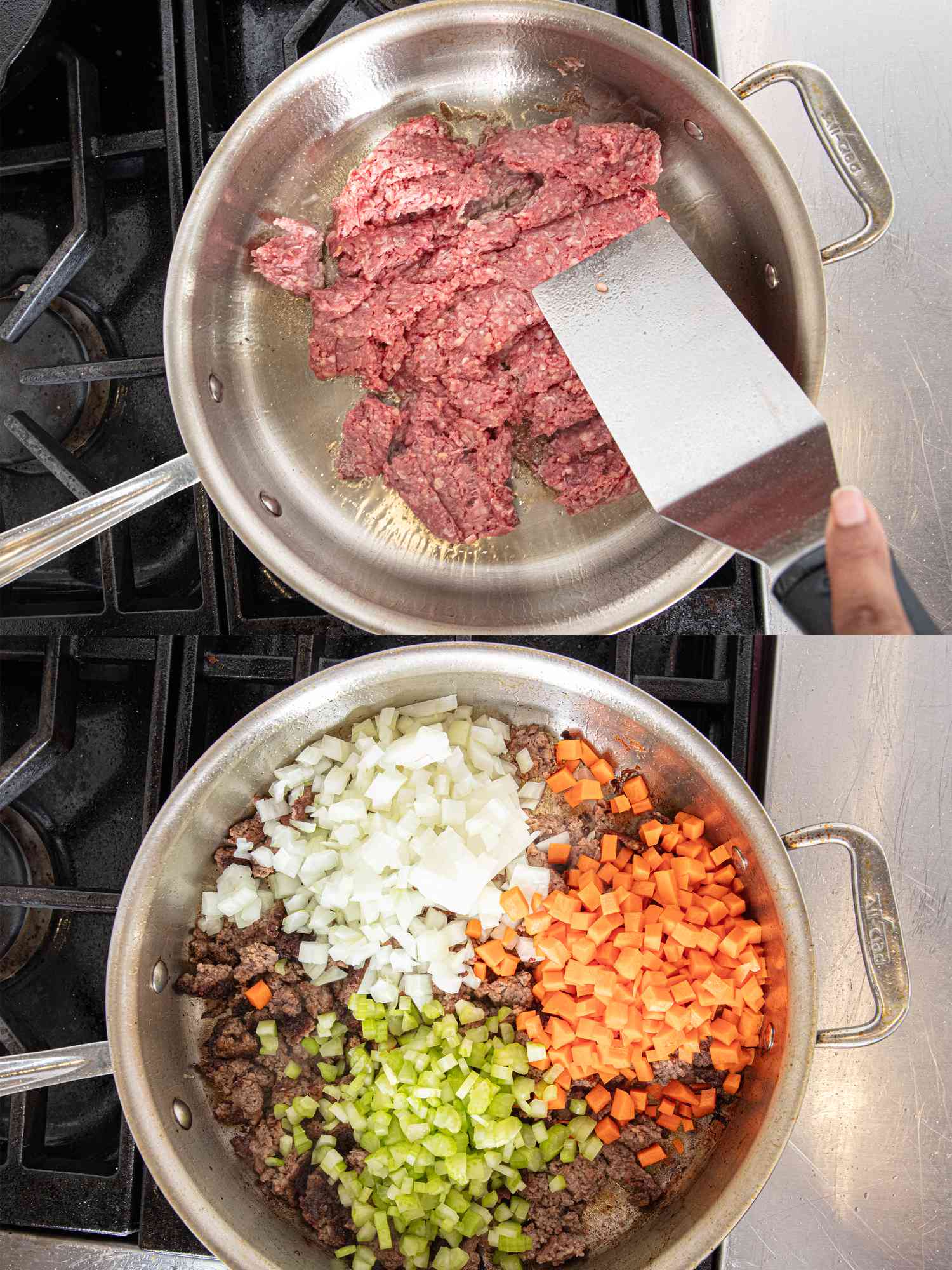 Two image collage of browning meating and onions carrots and celery added