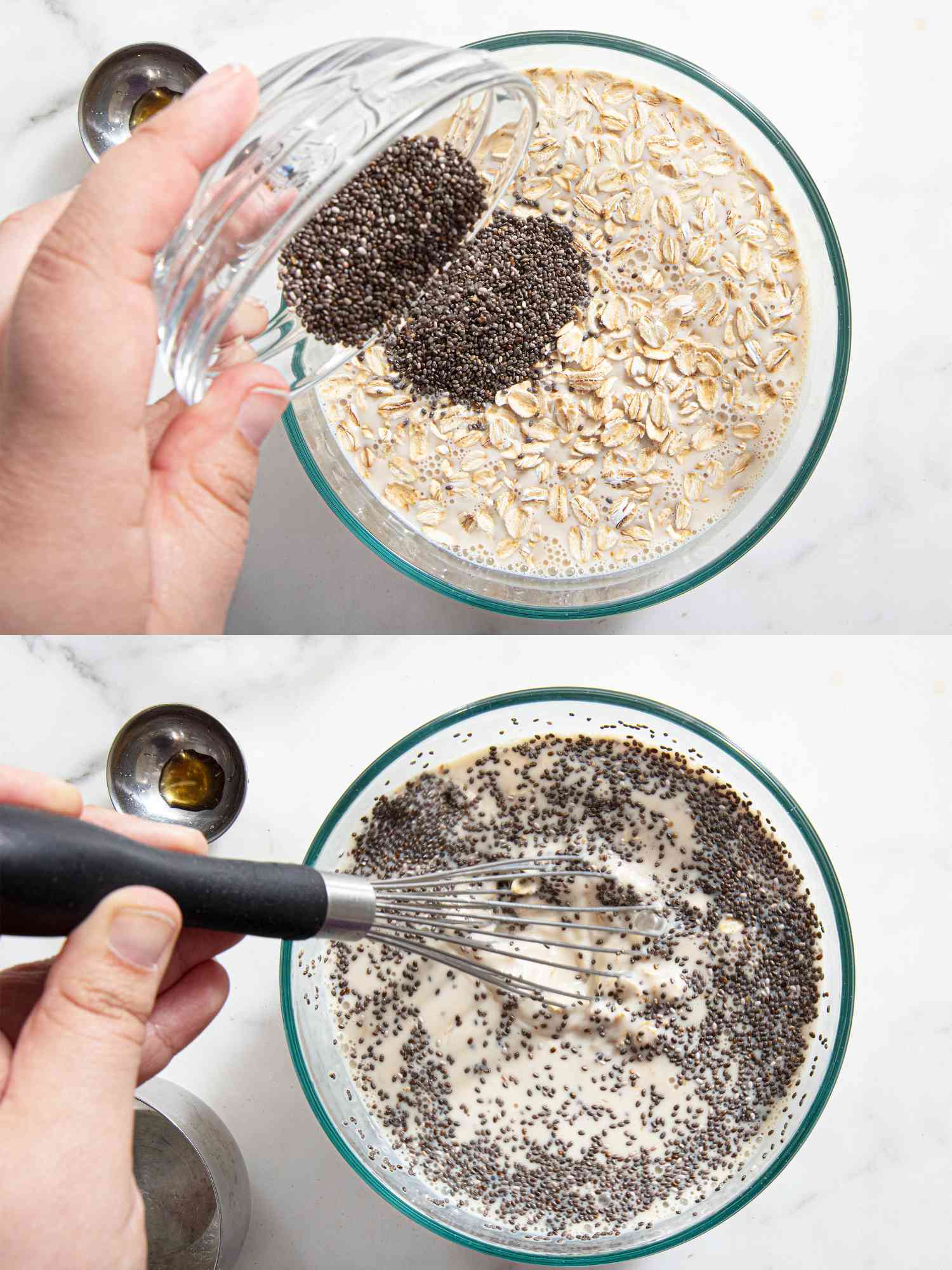 Two image collage of adding oats and chia seeds